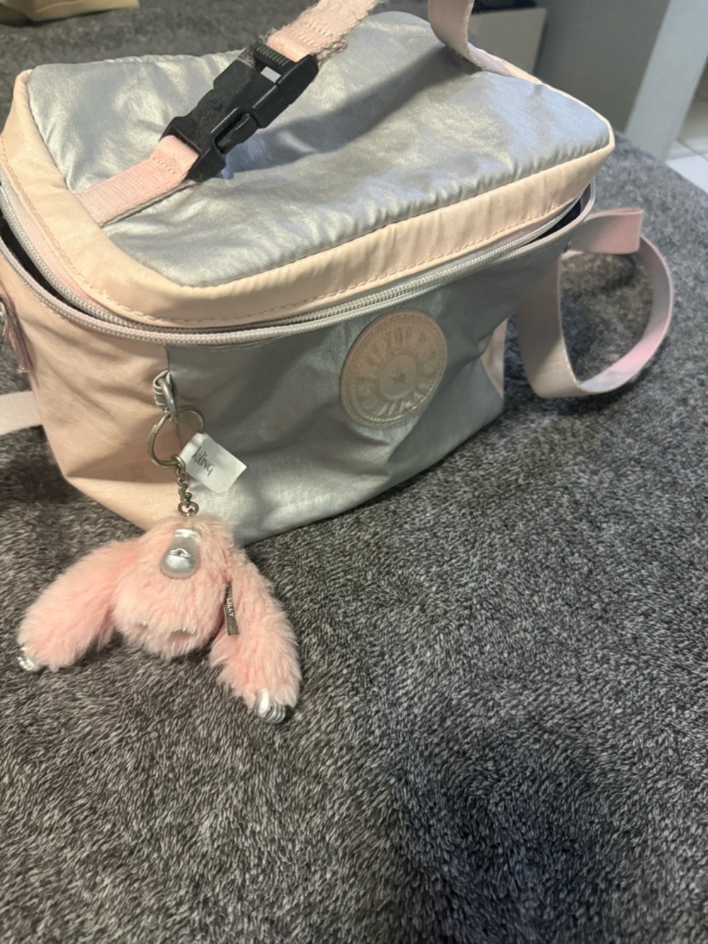 Kipling Silver & Pale Pink ice metallic Graham Lunch Bag with charm